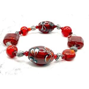 Red Lampwork Glass Bead Stretch Bracelet Artisan Style 7" Beaded Bracelet